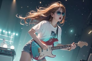 solo,1boy,closeup face,blue glowing aura,thick hair,orange hair,brown hair,gold frame sunglasses,red tie,red jacket,teal shorts,White shirt,a gold edge pocket on left side pants,white sneakers,right hand wearing a white square watch,white sneakers,singing in front of microphone,play electric guitar,universe background,cyan beam,fireflies,shining point,concert,colorful stage lighting,no people