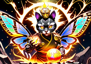 fighting,7 color Ninja outfit,7 color ancient alchemy God,holding cosmic ball,chanting,7 color shining ancient words everywhere,glowing mantra everywhere,luminous engraving everywhere,seal,strong style,sun king,sun halo,solo,1Ninja civet cat,special long white beard,long white eyebrows,gather lightning elixir in the palm of hand,king of glory,focused on  elixir,aim at pill,colorful skin,surrounded by flames,golden butterfly wings,emitting golden light,wearing golden bib short with no shoulder strap on left shoulder,no humans,flame,beam,fire alchemy furnace,thunder pill,crystal cave,crystal background,diamond,gems,Korean,wrenchsmechs,Pineapple,Butterfly