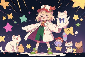 Blonde girl,short hair,ruby-like eyes,long red eyelashes,red lips, wearing a red snow hat with a white fur ball on the top,a purple starfish on the hat,white fur on the edge of the hat,and a red coat,coat with gold buttons,green skirt,green bow on the neck,green sneakers,gold laces, no gloves,singing in front of microphone,surrounded by sleeping furry white cat,white cat wearing a pink bow on its head,surrounded by bubbles,shining point,concert,colorful stage lighting,no people,Tetris game background