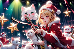 Blonde girl,singing,playing electric guitar,short hair,red eyes,long red eyelashes,red lips,wearing a red snow hat with a white fur ball on the top,a purple starfish on the hat,white fur on the edge of the hat,and a red coat,coat with gold buttons,green skirt,green bow on the neck,green sneakers,gold laces, no gloves,singing in front of microphone,sleeping furry white cat audience,white cat wearing a pink bow on head,surrounded by bubbles,shining point,concert,colorful stage lighting,no people,Tetris game background,anime