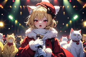 Blonde woman,playing electric guitar,short hair,red eyes,long red eyelashes,red lips,wearing a red snow hat with a white fur ball on the top,a purple starfish on the hat,white fur on the edge of the hat,and a red coat,coat with gold buttons,green skirt,green bow on the neck,green sneakers,gold laces, no gloves,singing in front of microphone,sleeping furry white cat audience,white cat wearing a pink bow on head,surrounded by bubbles,shining point,concert,colorful stage lighting,no people,Tetris game background,anime