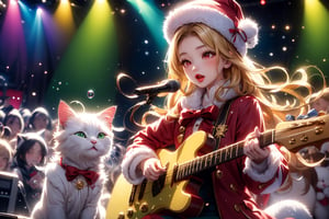 Blonde girl,singing,playing electric guitar,long hair,red eyes,long red eyelashes,red lips,wearing a red snow hat with a white fur ball on the top,a purple starfish on the hat,white fur on the edge of the hat,and a red coat,coat with gold buttons,green skirt,green bow on the neck,green sneakers,gold laces, no gloves,singing in front of microphone,sleeping furry white cat audience,white cat wearing a pink bow on head,surrounded by bubbles,shining point,concert,colorful stage lighting,no people,Tetris game background,anime