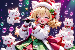 Blonde girl,singing,short hair,close eyes,long red eyelashes,red lips,wearing a red snow hat with a white fur ball on the top,a purple starfish on the hat,white fur on the edge of the hat,and a red coat,coat with gold buttons,green skirt,green bow on the neck,green sneakers,gold laces, no gloves,singing in front of microphone,sleeping furry white cat audience,white cat wearing a pink bow on its head,surrounded by bubbles,shining point,concert,colorful stage lighting,no people,Tetris game background