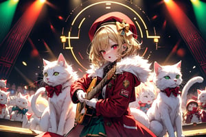 Blonde woman,playing electric guitar,short hair,red eyes,long red eyelashes,red lips,wearing a red snow hat with a white fur ball on the top,a purple starfish on the hat,white fur on the edge of the hat,and a red coat,coat with gold buttons,green skirt,green bow on the neck,green sneakers,gold laces, no gloves,singing in front of microphone,sleeping furry white cat audience,white cat wearing a pink bow on head,surrounded by bubbles,shining point,concert,colorful stage lighting,no people,Tetris game background,anime