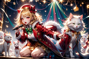 Blonde girl,singing,playing electric guitar,short hair,red eyes,long red eyelashes,red lips,wearing a red snow hat with a white fur ball on the top,a purple starfish on the hat,white fur on the edge of the hat,and a red coat,coat with gold buttons,green skirt,green bow on the neck,green sneakers,gold laces, no gloves,singing in front of microphone,sleeping furry white cat audience,white cat wearing a pink bow on head,surrounded by bubbles,shining point,concert,colorful stage lighting,no people,Tetris game background,anime