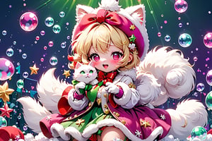 Blonde girl,short hair,ruby-like eyes,long red eyelashes,red lips, wearing a red snow hat with a white fur ball on the top,a purple starfish on the hat,white fur on the edge of the hat,and a red coat,coat with gold buttons,green skirt,green bow on the neck,green sneakers,gold laces, no gloves,singing in front of microphone,sleeping furry white cat audience,white cat wearing a pink bow on its head,surrounded by bubbles,shining point,concert,colorful stage lighting,no people,Tetris game background