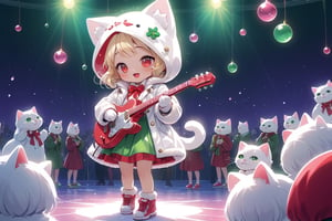 Blonde girl,singing,playing electric guitar,short hair,red eyes,long red eyelashes,red lips,wearing a red snow hat with a white fur ball on the top,a purple starfish on the hat,white fur on the edge of the hat,and a red coat,coat with gold buttons,green skirt,green bow on the neck,green sneakers,gold laces, no gloves,singing in front of microphone,sleeping furry white cat audience,white cat wearing a pink bow on head,surrounded by bubbles,shining point,concert,colorful stage lighting,no people,Tetris game background,anime