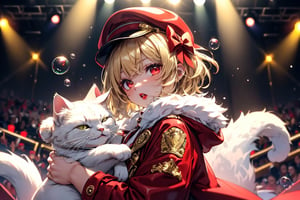 vtuber,Blonde girl,short hair,ruby-like eyes,red eyes,long red eyelashes,red lips, wearing a red snow hat with a white fur ball on the top,a purple starfish on the hat,white fur on the edge of the hat,and a red coat,coat with gold buttons,green skirt,green bow on the neck,green sneakers,gold laces,singing in front of microphone,holding a sleeping furry white cat,white cat wearing a pink bow on its head,surrounded by bubbles,shining point,concert,colorful stage lighting,no people,Tetris game background