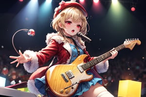 Blonde woman,singing,playing electric guitar,short hair,red eyes,long red eyelashes,red lips,wearing a red snow hat with a white fur ball on the top,a purple starfish on the hat,white fur on the edge of the hat,and a red coat,coat with gold buttons,green skirt,green bow on the neck,green sneakers,gold laces, no gloves,singing in front of microphone,sleeping furry white cat audience,white cat wearing a pink bow on head,surrounded by bubbles,shining point,concert,colorful stage lighting,no people,Tetris game background,anime