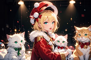 Blonde girl,short hair,ruby-like eyes,long red eyelashes,red lips, wearing a red snow hat with a white fur ball on the top,a purple starfish on the hat,white fur on the edge of the hat,and a red coat,coat with gold buttons,green skirt,green bow on the neck,green sneakers,gold laces, no gloves,singing in front of microphone,holding a sleeping furry white cat,white cat wearing a pink bow on its head,surrounded by bubbles,shining point,concert,colorful stage lighting,no people,Tetris game background