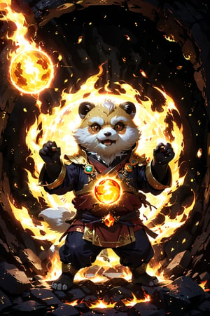 1Ninja tanuki,fighting,7 color Ninja outfit,7 color ancient alchemy God,holding cosmic ball,chanting,7 color shining ancient words everywhere,glowing mantra everywhere,luminous engraving everywhere,seal,strong style,sun king,sun halo,solo,special long white beard,long white eyebrows,gather lightning elixir in the palm of hand,king of glory,focused on  elixir,aim at pill,colorful skin,surrounded by flames,golden butterfly wings,emitting golden light,wearing golden bib short with no shoulder strap on left shoulder,no humans,flame,beam,fire alchemy furnace,thunder pill,crystal cave,crystal background,diamond,gem,tanuki,no human