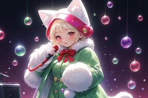 Blonde woman,playing electric guitar,short hair,red eyes,long red eyelashes,red lips,wearing a red snow hat with a white fur ball on the top,a purple starfish on the hat,white fur on the edge of the hat,and a red coat,coat with gold buttons,green skirt,green bow on the neck,green sneakers,gold laces, no gloves,singing in front of microphone,sleeping furry white cat audience,white cat wearing a pink bow on head,surrounded by bubbles,shining point,concert,colorful stage lighting,no people,Tetris game background,anime