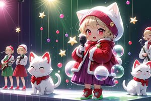 Blonde woman,singing,playing electric guitar,short hair,red eyes,long red eyelashes,red lips,wearing a red snow hat with a white fur ball on the top,a purple starfish on the hat,white fur on the edge of the hat,and a red coat,coat with gold buttons,green skirt,green bow on the neck,green sneakers,gold laces, no gloves,singing in front of microphone,sleeping furry white cat audience,white cat wearing a pink bow on head,surrounded by bubbles,shining point,concert,colorful stage lighting,no people,Tetris game background,anime