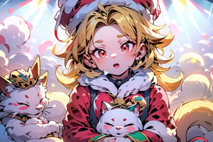 vtuber,Blonde girl,short hair,ruby-like eyes,red eyes,long red eyelashes,red lips, wearing a red snow hat with a white fur ball on the top,a purple starfish on the hat,white fur on the edge of the hat,and a red coat,coat with gold buttons,green skirt,green bow on the neck,green sneakers,gold laces,singing in front of microphone,holding a sleeping furry white cat,white cat wearing a pink bow on its head,surrounded by bubbles,shining point,concert,colorful stage lighting,no people,Tetris game background