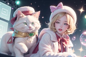 Blonde girl,short hair,ruby-like eyes,long red eyelashes,red lips, wearing a red snow hat with a white fur ball on the top,a purple starfish on the hat,white fur on the edge of the hat,and a red coat,coat with gold buttons,green skirt,green bow on the neck,green sneakers,gold laces, no gloves,singing in front of microphone,surrounded by sleeping furry white cat,white cat wearing a pink bow on its head,surrounded by bubbles,shining point,concert,colorful stage lighting,no people,Tetris game background