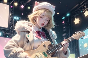 solo,Blonde woman,singing,playing electric guitar,short hair,red eyes,long red eyelashes,red lips,wearing a red snow hat with a white fur ball on the top,a purple starfish on the hat,white fur on the edge of the hat,and a red coat,coat with gold buttons,green skirt,green bow on the neck,green sneakers,gold laces, no gloves,singing in front of microphone,sleeping furry white cat audience,white cat wearing a pink bow on head,surrounded by bubbles,shining point,concert,colorful stage lighting,no people,Tetris game background