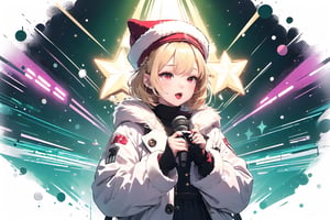 solo,Blonde woman,singing,playing electric guitar,short hair,red eyes,long red eyelashes,red lips,wearing a red snow hat with a white fur ball on the top,a purple starfish on the hat,white fur on the edge of the hat,and a red coat,coat with gold buttons,green skirt,green bow on the neck,green sneakers,gold laces, no gloves,singing in front of microphone,sleeping furry white cat audience,white cat wearing a pink bow on head,surrounded by bubbles,shining point,concert,colorful stage lighting,no people,Tetris game background