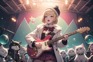 solo,Blonde woman,singing,playing electric guitar,short hair,red eyes,long red eyelashes,red lips,wearing a red snow hat with a white fur ball on the top,a purple starfish on the hat,white fur on the edge of the hat,and a red coat,coat with gold buttons,green skirt,green bow on the neck,green sneakers,gold laces, no gloves,singing in front of microphone,sleeping furry white cat audience,white cat wearing a pink bow on head,surrounded by bubbles,shining point,concert,colorful stage lighting,no people,Tetris game background