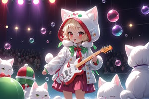 Blonde girl,singing,playing electric guitar,short hair,red eyes,long red eyelashes,red lips,wearing a red snow hat with a white fur ball on the top,a purple starfish on the hat,white fur on the edge of the hat,and a red coat,coat with gold buttons,green skirt,green bow on the neck,green sneakers,gold laces, no gloves,singing in front of microphone,sleeping furry white cat audience,white cat wearing a pink bow on head,surrounded by bubbles,shining point,concert,colorful stage lighting,no people,Tetris game background,anime