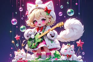 Blonde girls,playing electric guitar,short hair,red eyes,long red eyelashes,red lips,wearing a red snow hat with a white fur ball on the top,a purple starfish on the hat,white fur on the edge of the hat,and a red coat,coat with gold buttons,green skirt,green bow on the neck,green sneakers,gold laces, no gloves,singing in front of microphone,sleeping furry white cat audience,white cat wearing a pink bow on head,surrounded by bubbles,shining point,concert,colorful stage lighting,no people,Tetris game background,anime