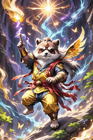 1Ninja tanuki,fighting,7 color Ninja outfit,7 color ancient alchemy God,holding cosmic ball,chanting,7 color shining ancient words everywhere,glowing mantra everywhere,luminous engraving everywhere,seal,strong style,sun king,sun halo,solo,special long white beard,long white eyebrows,gather lightning elixir in the palm of hand,king of glory,focused on  elixir,aim at pill,colorful skin,surrounded by flames,golden butterfly wings,emitting golden light,wearing golden bib short with no shoulder strap on left shoulder,no humans,flame,beam,fire alchemy furnace,thunder pill,crystal cave,crystal background,diamond,gem,tanuki,no human