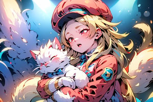 vtuber,Blonde girl,short hair,ruby-like eyes,red eyes,long red eyelashes,red lips, wearing a red snow hat with a white fur ball on the top,a purple starfish on the hat,white fur on the edge of the hat,and a red coat,coat with gold buttons,green skirt,green bow on the neck,green sneakers,gold laces,singing in front of microphone,holding a sleeping furry white cat,white cat wearing a pink bow on its head,surrounded by bubbles,shining point,concert,colorful stage lighting,no people,Tetris game background