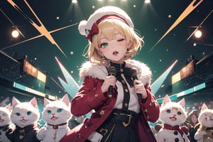 solo,Blonde woman,singing,playing electric guitar,short hair,red eyes,long red eyelashes,red lips,wearing a red snow hat with a white fur ball on the top,a purple starfish on the hat,white fur on the edge of the hat,and a red coat,coat with gold buttons,green skirt,green bow on the neck,green sneakers,gold laces, no gloves,singing in front of microphone,sleeping furry white cat audience,white cat wearing a pink bow on head,surrounded by bubbles,shining point,concert,colorful stage lighting,no people,Tetris game background