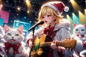 Blonde girl,singing,playing electric guitar,short hair,red eyes,long red eyelashes,red lips,wearing a red snow hat with a white fur ball on the top,a purple starfish on the hat,white fur on the edge of the hat,and a red coat,coat with gold buttons,green skirt,green bow on the neck,green sneakers,gold laces, no gloves,singing in front of microphone,sleeping furry white cat audience,white cat wearing a pink bow on head,surrounded by bubbles,shining point,concert,colorful stage lighting,no people,Tetris game background,anime