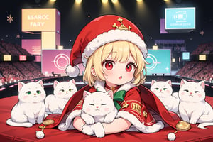 Blonde girl,short hair,red eyes,long red eyelashes,red lips, wearing a red snow hat with a white fur ball on the top,a purple starfish on the hat,white fur on the edge of the hat,and a red coat,coat with gold buttons,green skirt,green bow on the neck,green sneakers,gold laces, no gloves,singing in front of microphone,surrounded by sleeping furry white cat,white cat wearing a pink bow on its head,surrounded by bubbles,shining point,concert,colorful stage lighting,no people,Tetris game background