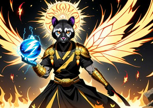 fighting,7 color Ninja outfit,7 color ancient alchemy God,holding cosmic ball,chanting,7 color shining ancient words everywhere,glowing mantra everywhere,luminous engraving everywhere,seal,strong style,sun king,sun halo,solo,1Ninja civet cat,special long white beard,long white eyebrows,gather lightning elixir in the palm of hand,king of glory,focused on  elixir,aim at pill,colorful skin,surrounded by flames,golden butterfly wings,emitting golden light,wearing golden bib short with no shoulder strap on left shoulder,no humans,flame,beam,fire alchemy furnace,thunder pill,crystal cave,crystal background,diamond,gems,Pineapple,King,golden