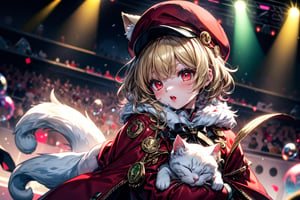 vtuber,Blonde girl,short hair,ruby-like eyes,red eyes,long red eyelashes,red lips, wearing a red snow hat with a white fur ball on the top,a purple starfish on the hat,white fur on the edge of the hat,and a red coat,coat with gold buttons,green skirt,green bow on the neck,green sneakers,gold laces,singing in front of microphone,holding a sleeping furry white cat,white cat wearing a pink bow on its head,surrounded by bubbles,shining point,concert,colorful stage lighting,no people,Tetris game background