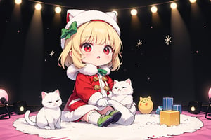 Blonde girl,short hair,red eyes,long red eyelashes,red lips, wearing a red snow hat with a white fur ball on the top,a purple starfish on the hat,white fur on the edge of the hat,and a red coat,coat with gold buttons,green skirt,green bow on the neck,green sneakers,gold laces, no gloves,singing in front of microphone,surrounded by sleeping furry white cat,white cat wearing a pink bow on its head,surrounded by bubbles,shining point,concert,colorful stage lighting,no people,Tetris game background