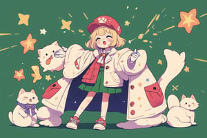 Blonde girl,short hair,ruby-like eyes,long red eyelashes,red lips, wearing a red snow hat with a white fur ball on the top,a purple starfish on the hat,white fur on the edge of the hat,and a red coat,coat with gold buttons,green skirt,green bow on the neck,green sneakers,gold laces, no gloves,singing in front of microphone,surrounded by sleeping furry white cat,white cat wearing a pink bow on its head,surrounded by bubbles,shining point,concert,colorful stage lighting,no people,Tetris game background