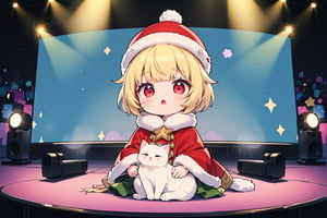 vtuber,Blonde girl,short hair,ruby-like eyes,red eyes,long red eyelashes,red lips, wearing a red snow hat with a white fur ball on the top,a purple starfish on the hat,white fur on the edge of the hat,and a red coat,coat with gold buttons,green skirt,green bow on the neck,green sneakers,gold laces,singing in front of microphone,holding a sleeping furry white cat,white cat wearing a pink bow on its head,surrounded by bubbles,shining point,concert,colorful stage lighting,no people,Tetris game background