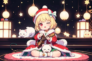 Blonde woman,singing,playing electric guitar,short hair,red eyes,long red eyelashes,red lips,wearing a red snow hat with a white fur ball on the top,a purple starfish on the hat,white fur on the edge of the hat,and a red coat,coat with gold buttons,green skirt,green bow on the neck,green sneakers,gold laces, no gloves,singing in front of microphone,sleeping furry white cat audience,white cat wearing a pink bow on head,surrounded by bubbles,shining point,concert,colorful stage lighting,no people,Tetris game background,anime