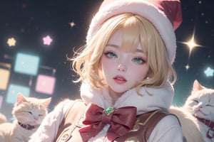 Blonde girl,short hair,red eyes,long red eyelashes,red lips, wearing a red snow hat with a white fur ball on the top,a purple starfish on the hat,white fur on the edge of the hat,and a red coat,coat with gold buttons,green skirt,green bow on the neck,green sneakers,gold laces, no gloves,singing in front of microphone,surrounded by sleeping furry white cat,white cat wearing a pink bow on its head,surrounded by bubbles,shining point,concert,colorful stage lighting,no people,Tetris game background