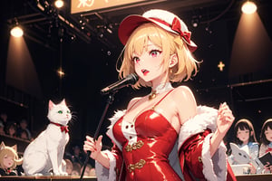 solo,Blonde woman,singing,playing electric guitar,short hair,red eyes,long red eyelashes,red lips,wearing a red snow hat with a white fur ball on the top,a purple starfish on the hat,white fur on the edge of the hat,and a red coat,coat with gold buttons,green skirt,green bow on the neck,green sneakers,gold laces, no gloves,singing in front of microphone,sleeping furry white cat audience,white cat wearing a pink bow on head,surrounded by bubbles,shining point,concert,colorful stage lighting,no people,Tetris game background