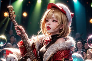 solo,Blonde woman,singing,playing electric guitar,short hair,red eyes,long red eyelashes,red lips,wearing a red snow hat with a white fur ball on the top,a purple starfish on the hat,white fur on the edge of the hat,and a red coat,coat with gold buttons,green skirt,green bow on the neck,green sneakers,gold laces, no gloves,singing in front of microphone,sleeping furry white cat audience,white cat wearing a pink bow on head,surrounded by bubbles,shining point,concert,colorful stage lighting,no people,Tetris game background