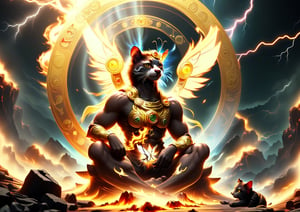 strong style,sun king,sun halo,sit,solo,1 civet cat man,staring at audience,king of glory,focused expression,colorful skin,surrounded by flames,golden butterfly wings,emitting golden light,wearing golden bib short with no shoulder strap on left shoulder,no humans,flame,beam,lightning alchemy furnace,lightning alchemy,thunder Pill,crystal cave,crystal background,diamond,gems