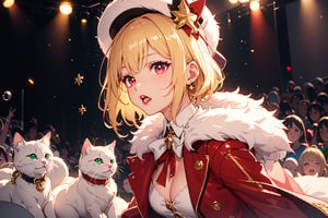 solo,Blonde woman,singing,playing electric guitar,short hair,red eyes,long red eyelashes,red lips,wearing a red snow hat with a white fur ball on the top,a purple starfish on the hat,white fur on the edge of the hat,and a red coat,coat with gold buttons,green skirt,green bow on the neck,green sneakers,gold laces, no gloves,singing in front of microphone,sleeping furry white cat audience,white cat wearing a pink bow on head,surrounded by bubbles,shining point,concert,colorful stage lighting,no people,Tetris game background