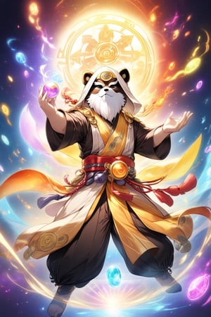 1Ninja tanuki,fighting,7 color Ninja outfit,7 color ancient alchemy God,holding cosmic ball,chanting,7 color shining ancient words everywhere,glowing mantra everywhere,luminous engraving everywhere,seal,strong style,sun king,sun halo,solo,special long white beard,long white eyebrows,gather lightning elixir in the palm of hand,king of glory,focused on  elixir,aim at pill,colorful skin,surrounded by flames,golden butterfly wings,emitting golden light,wearing golden bib short with no shoulder strap on left shoulder,no humans,flame,beam,fire alchemy furnace,thunder pill,crystal cave,crystal background,diamond,gem,tanuki,no human