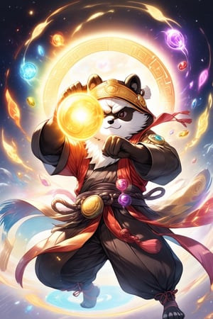 1Ninja tanuki,fighting,7 color Ninja outfit,7 color ancient alchemy God,holding cosmic ball,chanting,7 color shining ancient words everywhere,glowing mantra everywhere,luminous engraving everywhere,seal,strong style,sun king,sun halo,solo,special long white beard,long white eyebrows,gather lightning elixir in the palm of hand,king of glory,focused on  elixir,aim at pill,colorful skin,surrounded by flames,golden butterfly wings,emitting golden light,wearing golden bib short with no shoulder strap on left shoulder,no humans,flame,beam,fire alchemy furnace,thunder pill,crystal cave,crystal background,diamond,gem,tanuki,no human