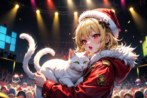 vtuber,Blonde girl,short hair,ruby-like eyes,red eyes,long red eyelashes,red lips, wearing a red snow hat with a white fur ball on the top,a purple starfish on the hat,white fur on the edge of the hat,and a red coat,coat with gold buttons,green skirt,green bow on the neck,green sneakers,gold laces,singing in front of microphone,holding a sleeping furry white cat,white cat wearing a pink bow on its head,surrounded by bubbles,shining point,concert,colorful stage lighting,no people,Tetris game background