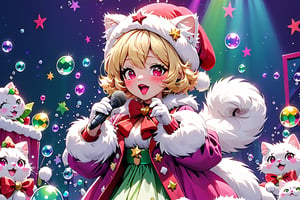 Blonde woman,singing,short hair,red eyes,long red eyelashes,red lips,wearing a red snow hat with a white fur ball on the top,a purple starfish on the hat,white fur on the edge of the hat,and a red coat,coat with gold buttons,green skirt,green bow on the neck,green sneakers,gold laces, no gloves,singing in front of microphone,sleeping furry white cat audience,white cat wearing a pink bow on head,surrounded by bubbles,shining point,concert,colorful stage lighting,no people,Tetris game background