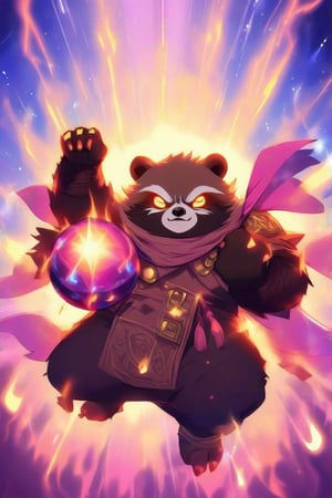 1Ninja tanuki,fighting,7 color Ninja outfit,7 color ancient alchemy God,holding cosmic ball,chanting,7 color shining ancient words everywhere,glowing mantra everywhere,luminous engraving everywhere,seal,strong style,sun king,sun halo,solo,special long white beard,long white eyebrows,gather lightning elixir in the palm of hand,king of glory,focused on  elixir,aim at pill,colorful skin,surrounded by flames,golden butterfly wings,emitting golden light,wearing golden bib short with no shoulder strap on left shoulder,no humans,flame,beam,fire alchemy furnace,thunder pill,crystal cave,crystal background,diamond,gem,tanuki,no human