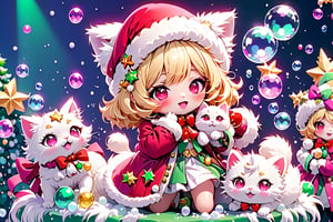 vtuber,Blonde girl,short hair,ruby-like eyes,red eyes,long red eyelashes,red lips, wearing a red snow hat with a white fur ball on the top,a purple starfish on the hat,white fur on the edge of the hat,and a red coat,coat with gold buttons,green skirt,green bow on the neck,green sneakers,gold laces,singing in front of microphone,holding a sleeping furry white cat,white cat wearing a pink bow on its head,surrounded by bubbles,shining point,concert,colorful stage lighting,no people,Tetris game background