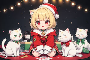 Blonde girl,short hair,red eyes,long red eyelashes,red lips, wearing a red snow hat with a white fur ball on the top,a purple starfish on the hat,white fur on the edge of the hat,and a red coat,coat with gold buttons,green skirt,green bow on the neck,green sneakers,gold laces, no gloves,singing in front of microphone,surrounded by sleeping furry white cat,white cat wearing a pink bow on its head,surrounded by bubbles,shining point,concert,colorful stage lighting,no people,Tetris game background