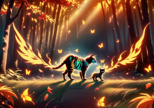 1civet cat walks to right in the forest,have wings,orange fire,flowing feathers, chrysanthemum butterfly,golden leaves,background light is evenly distributed,there is fire in the lower right corner of the screen,forest fire background,burning ground,fire everywhere,orange light butterflys everywhere