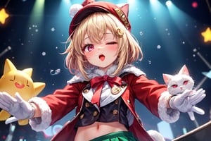 Blonde girl,short hair,ruby-like eyes,long red eyelashes,red lips, wearing a red snow hat with a white fur ball on the top,a purple starfish on the hat,white fur on the edge of the hat,and a red coat,coat with gold buttons,green skirt,green bow on the neck,green sneakers,gold laces, no gloves,singing in front of microphone,surrounded by sleeping furry white cat,white cat wearing a pink bow on its head,surrounded by bubbles,shining point,concert,colorful stage lighting,no people,Tetris game background