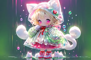 Blonde girl,short hair,ruby-like eyes,long red eyelashes,red lips, wearing a red snow hat with a white fur ball on the top,a purple starfish on the hat,white fur on the edge of the hat,and a red coat,coat with gold buttons,green skirt,green bow on the neck,green sneakers,gold laces, no gloves,singing in front of microphone,a sleeping furry white cat,white cat wearing a pink bow on its head,surrounded by bubbles,shining point,concert,colorful stage lighting,no people,Tetris game background